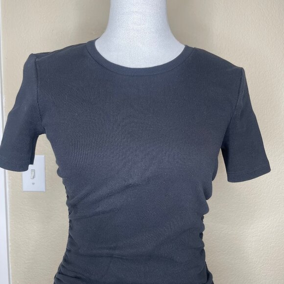Zara Black Bodycon Ruched Ribbed Knit Short Sleeve Dress Size Medium Goth - Picture 2 of 8